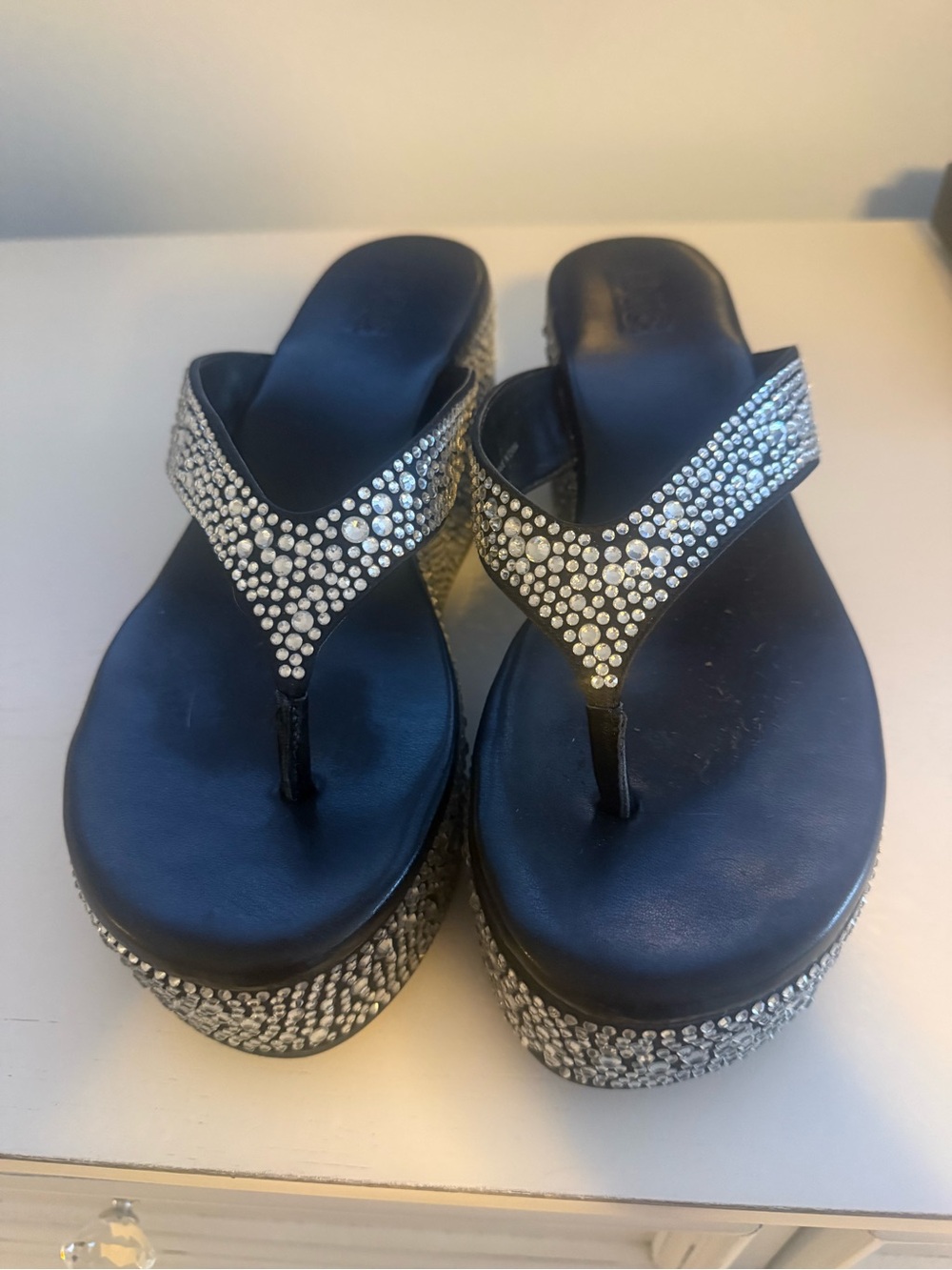 INC International Concepts Black Rhinestone Platform Thong Sandals